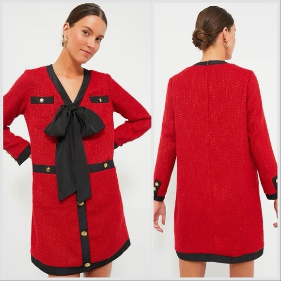 NWT Tuckernuck Pomander Place Coco Tweed Bow Mini Dress in Red Sz L - Picture 2 of 16